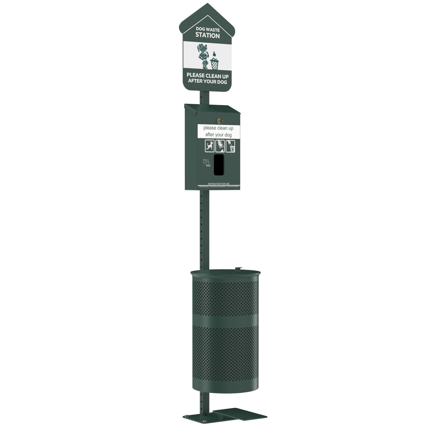 Furloo Pet Waste Station Kit with Foot Pedal, Header Bag Locking Dispenser, 11.5 Gallon Trash Can, Pole, and Glow-in-the-Dark Sign - Green