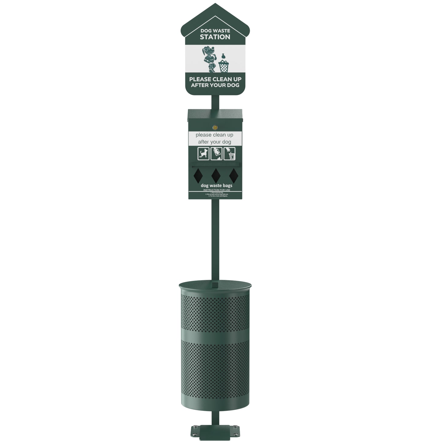 Furloo Pet Waste Station Kit with Foot Pedal, Roll Bag Locking Dispenser, 11.5 Gallon Trash Can, Pole, and Glow-in-the-Dark Sign - Green