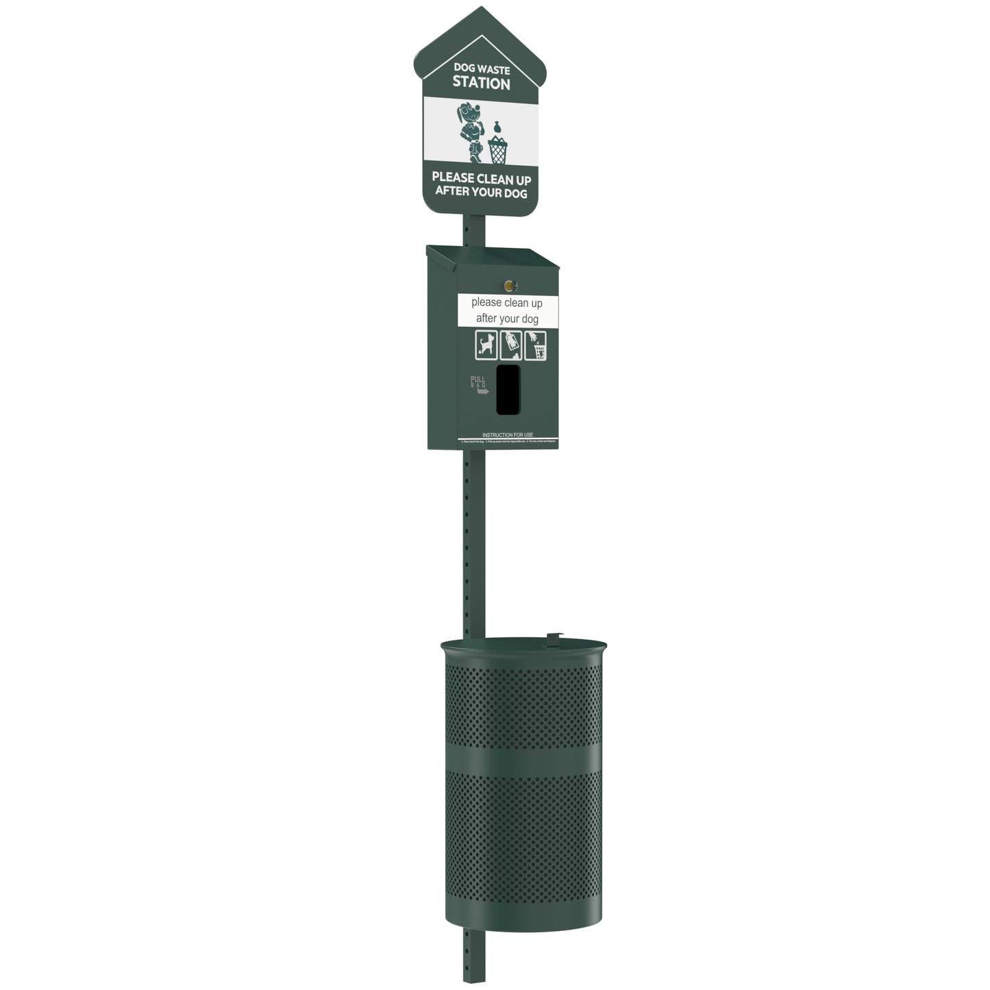 Furloo Pet Waste Station Kit with Header Bag Locking Dispenser, 11.5 Gallon Round Lidded Trash Can, Pole, and Glow-in-the-Dark Sign - Green