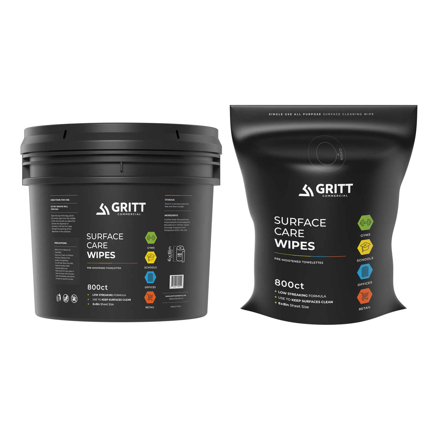 Gritt Commercial 6" x 8" 800-Count Premium Surface Care All-Purpose Cleaner Wipes and Bucket