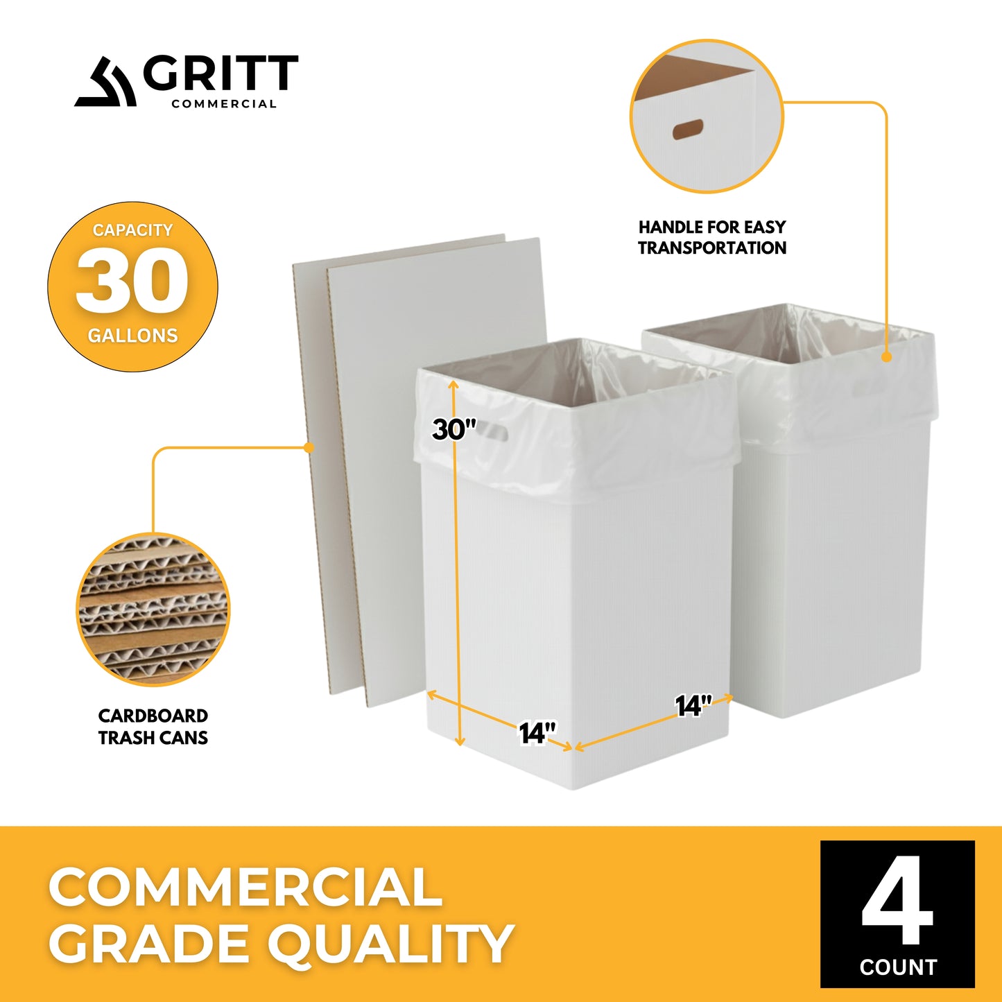 Gritt Commercial 30 Gallon Corrugated Cardboard Trash Can and Recycling Container – 4 PACK