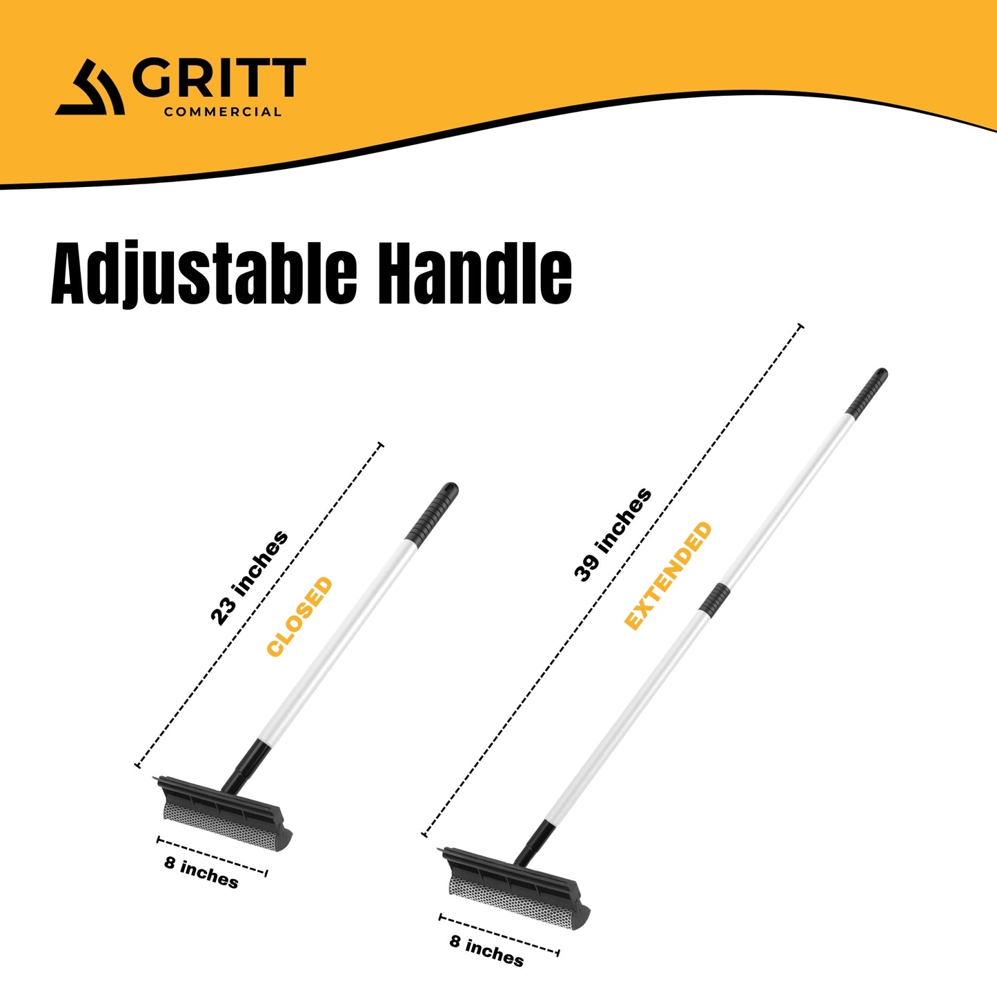 Gritt Commercial 8" Auto & Truck Window Squeegee with Scrubber and 39" Extendable Aluminum Handle