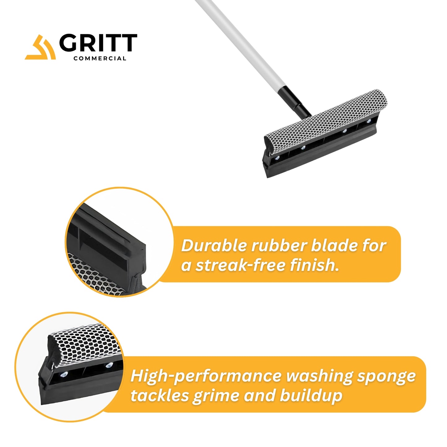 Gritt Commercial 8" Auto & Truck Window Squeegee with Scrubber and 39" Extendable Aluminum Handle