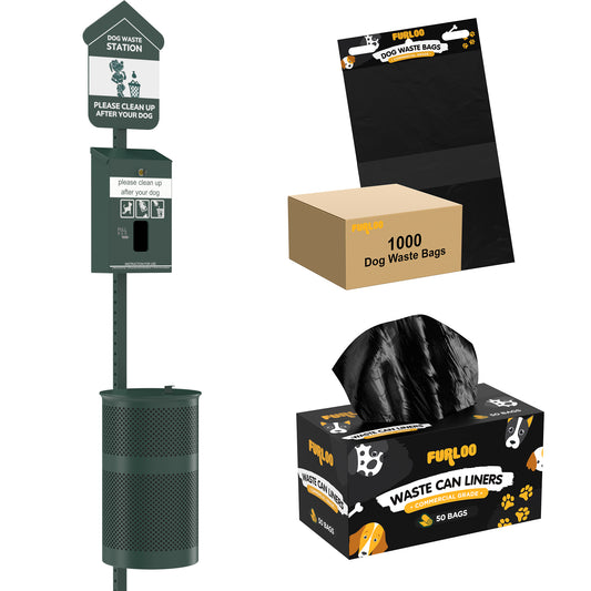 Furloo Pet Waste Station Starter Kit with Header Bag Dispenser, 1000 Bags & 50 Liners - Green