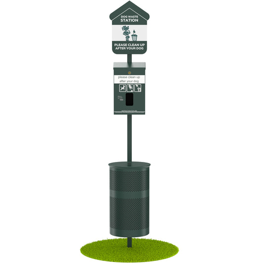 Furloo Pet Waste Station Kit with Header Bag Locking Dispenser, 11.5 Gallon Round Lidded Trash Can, Pole, and Glow-in-the-Dark Sign - Green