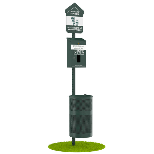 Furloo Pet Waste Station Kit with Header Bag Locking Dispenser, 11.5 Gallon Round Lidded Trash Can, Pole, and Glow-in-the-Dark Sign - Green