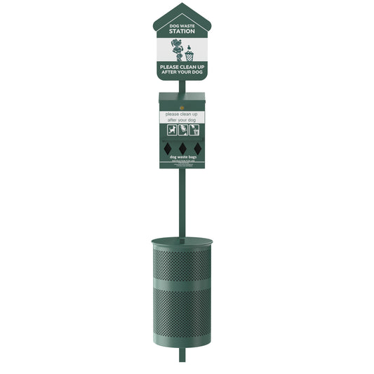 Furloo Pet Waste Station Kit with Roll Bag Locking Dispenser, 11.5 Gallon Round Lidded Trash Can, Pole, and Glow-in-the-Dark Sign - Green