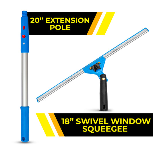 Gritt Commercial Window Washing Kit with 18" Swivel Window Squeegee and 20" Pole