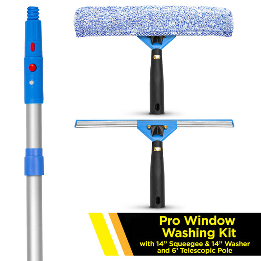 Gritt Commercial Pro Window Washing Kit with 14" Squeegee, 14" Washer and 6' Telescopic Pole