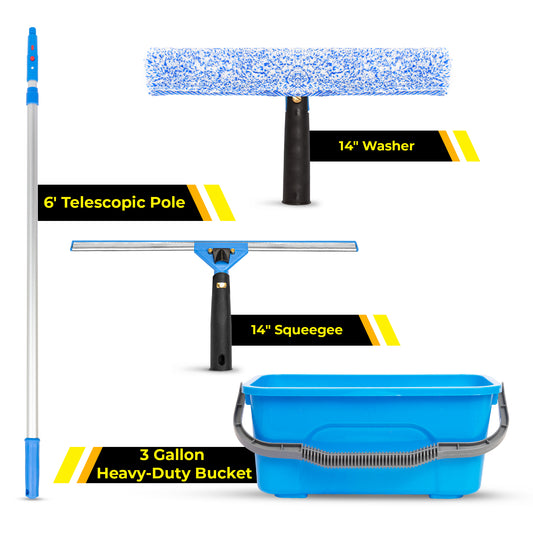 Gritt Commercial Pro Window Washing Kit with 14" Squeegee, 14" Washer, 6' Telescopic Pole and 3 Gallon Heavy-Duty Bucket