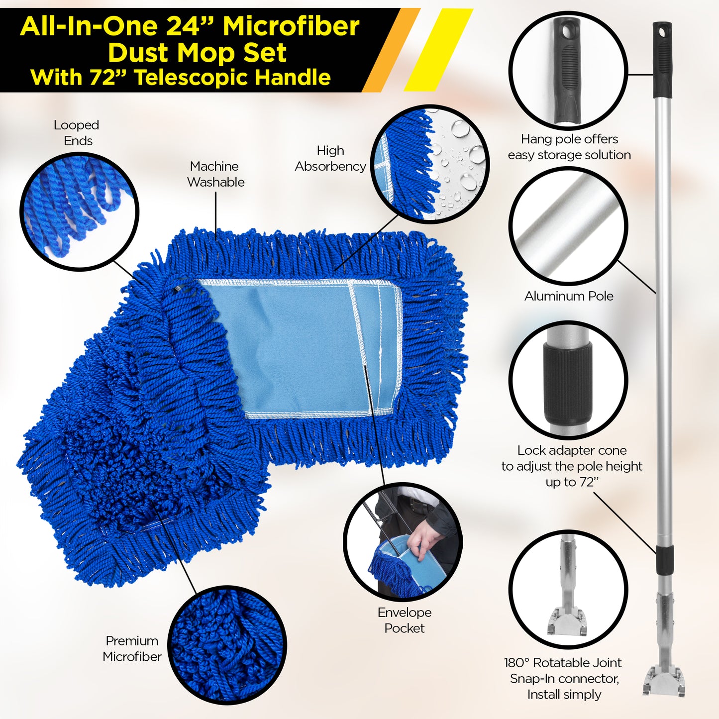 Gritt Commercial All-In-One 24” Microfiber Dust Mop Set With 72" Telescopic Handle