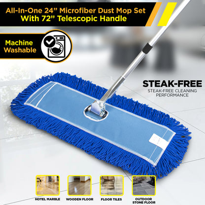 Gritt Commercial All-In-One 24” Microfiber Dust Mop Set With 72" Telescopic Handle