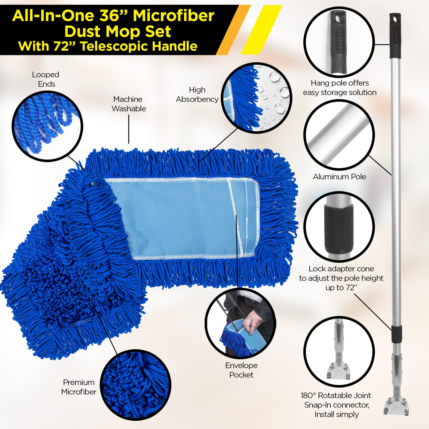 Gritt Commercial All-In-One 36” Microfiber Dust Mop Set With 72" Telescopic Handle