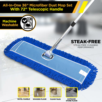 Gritt Commercial All-In-One 36” Microfiber Dust Mop Set With 72" Telescopic Handle