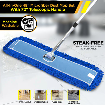 Gritt Commercial All-In-One 48” Microfiber Dust Mop Set With 72" Telescopic Handle