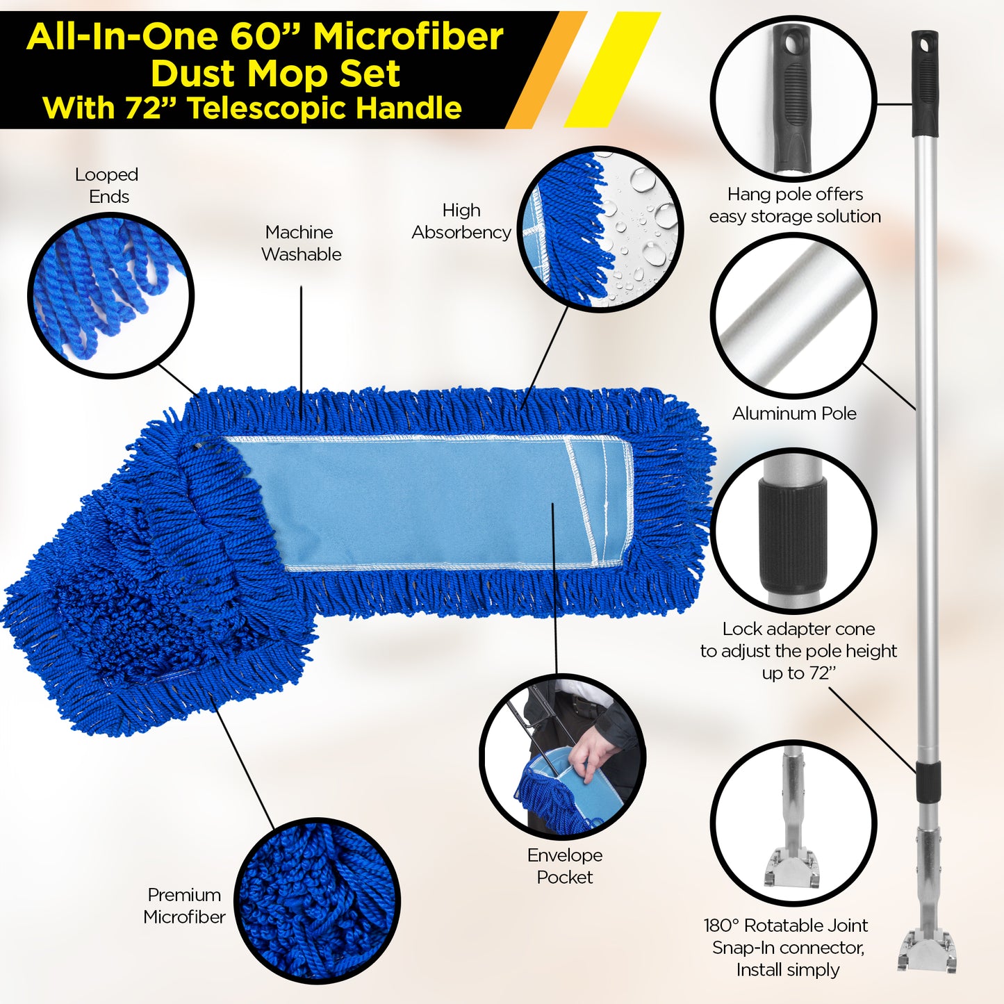 Gritt Commercial All-In-One 60” Microfiber Dust Mop Set With 72" Telescopic Handle