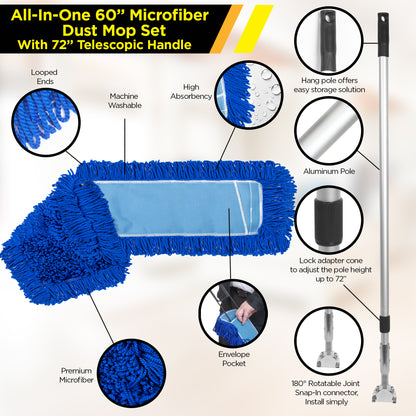 Gritt Commercial All-In-One 60” Microfiber Dust Mop Set With 72" Telescopic Handle
