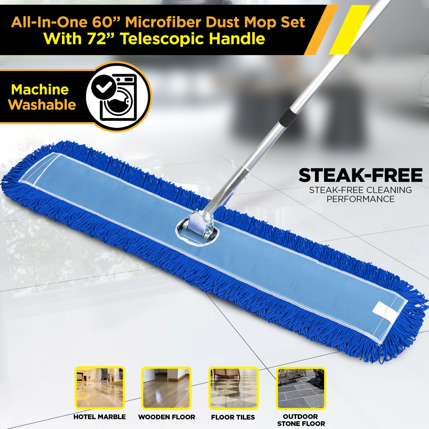 Gritt Commercial All-In-One 60” Microfiber Dust Mop Set With 72" Telescopic Handle
