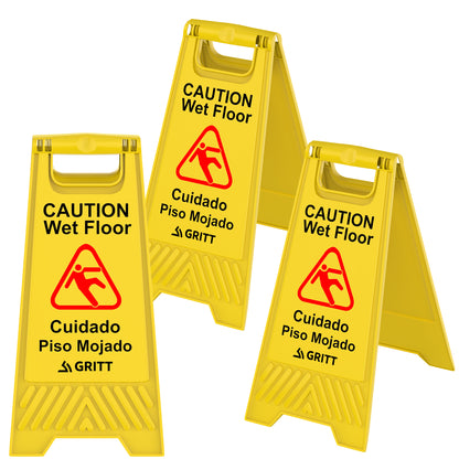 Gritt Commercial Yellow Caution Wet Floor Sign, Pack of 3