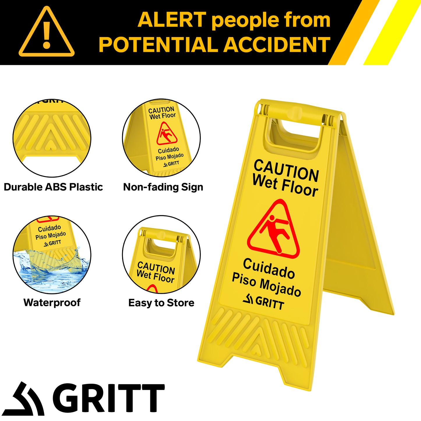 Gritt Commercial Yellow Caution Wet Floor Sign, Pack of 3