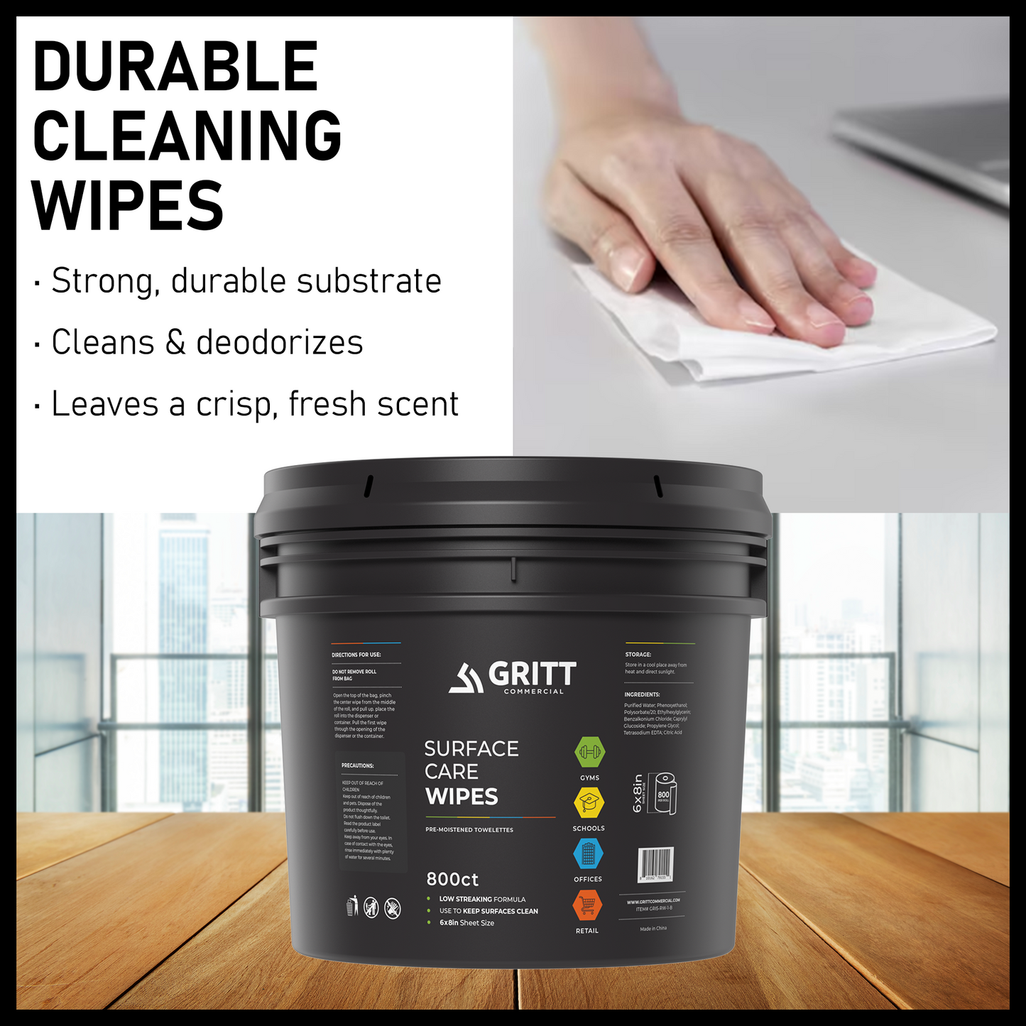Gritt Commercial 6" x 8" 800-Count Premium Surface Care All-Purpose Cleaner Wipes and Bucket