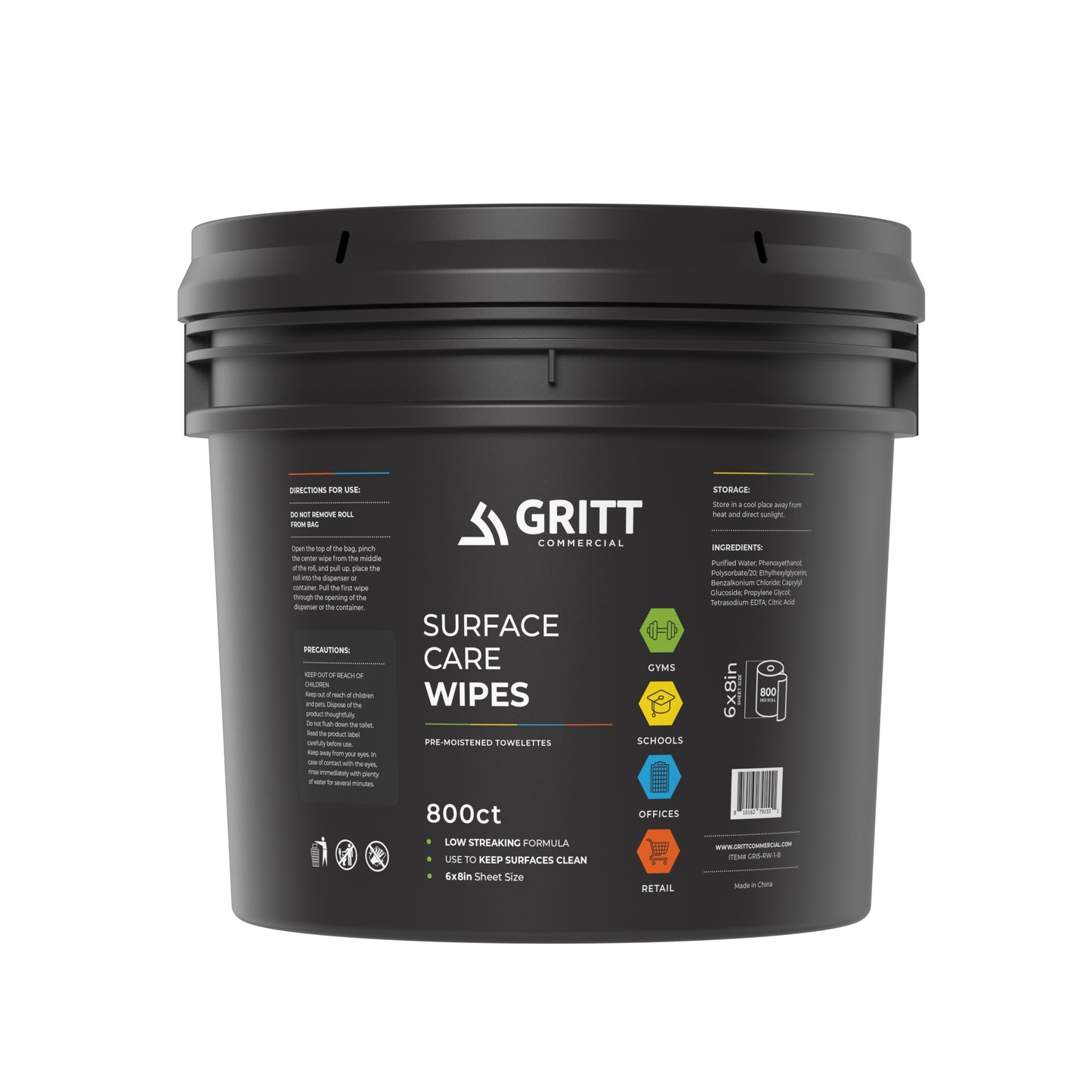 Gritt Commercial 6" x 8" 800-Count Premium Surface Care All-Purpose Cleaner Wipes and Bucket