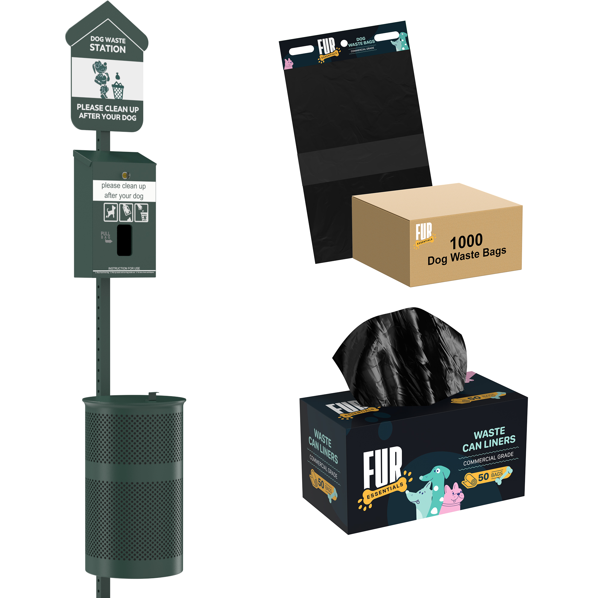Fur Essentials Pet Waste Station Starter Kit with Header Bag Dispenser, 1000 Bags & 50 Liners – Green