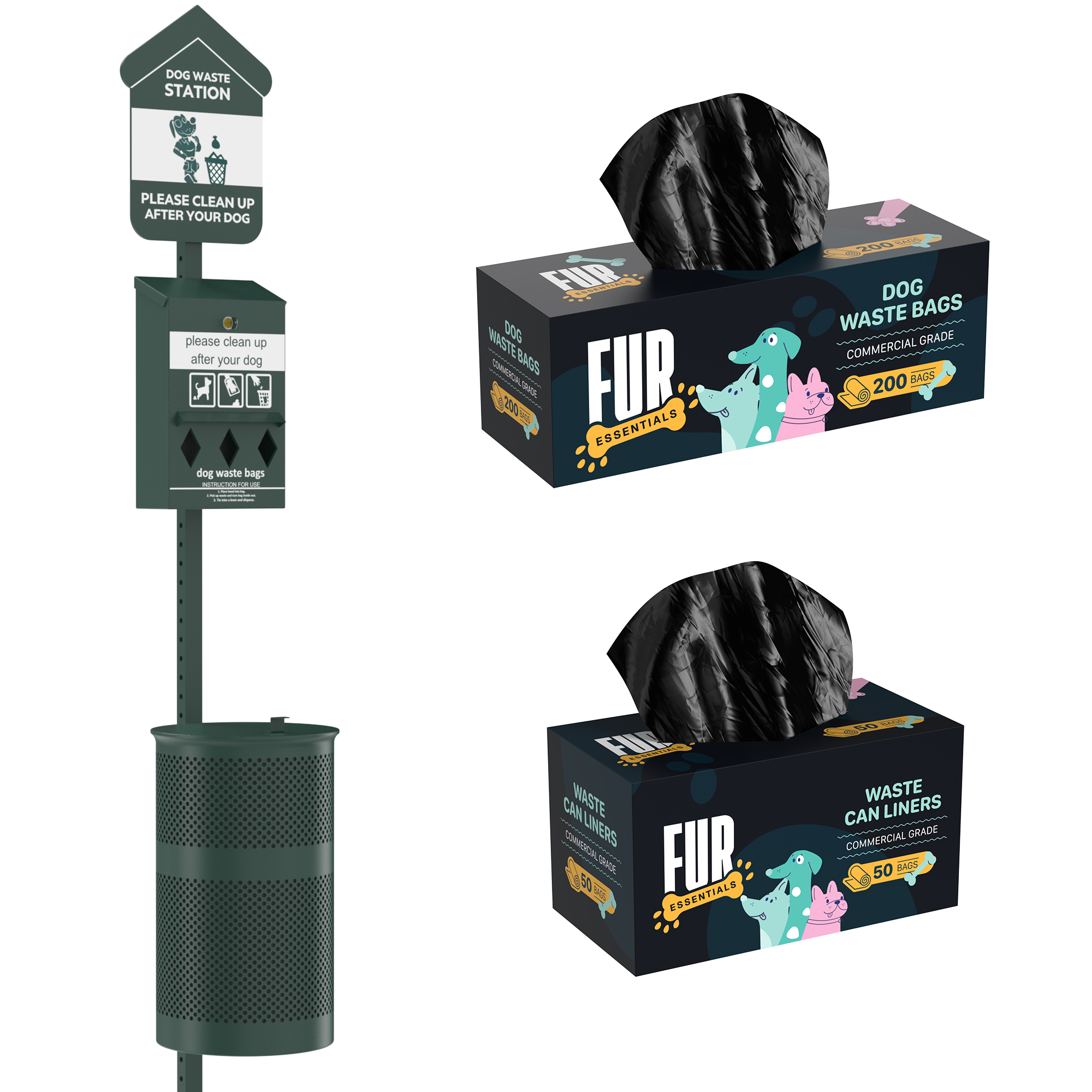 Fur Essentials Pet Waste Station Kit with Roll Bag Locking Dispenser, 11.5 Gallon Round Lidded Trash Can, Pole, and Glow-in-the-Dark Sign – Green