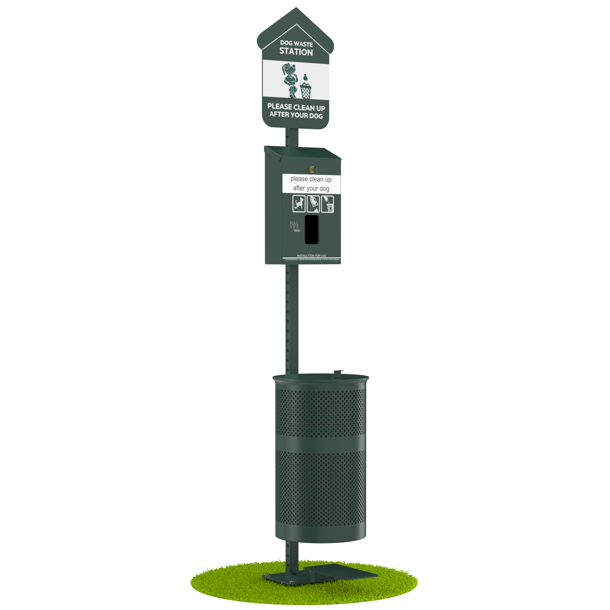 Fur Essentials Pet Waste Station Kit with Foot Pedal, Header Bag Locking Dispenser, 11.5 Gallon Trash Can, Pole, and Glow-in-the-Dark Sign – Green