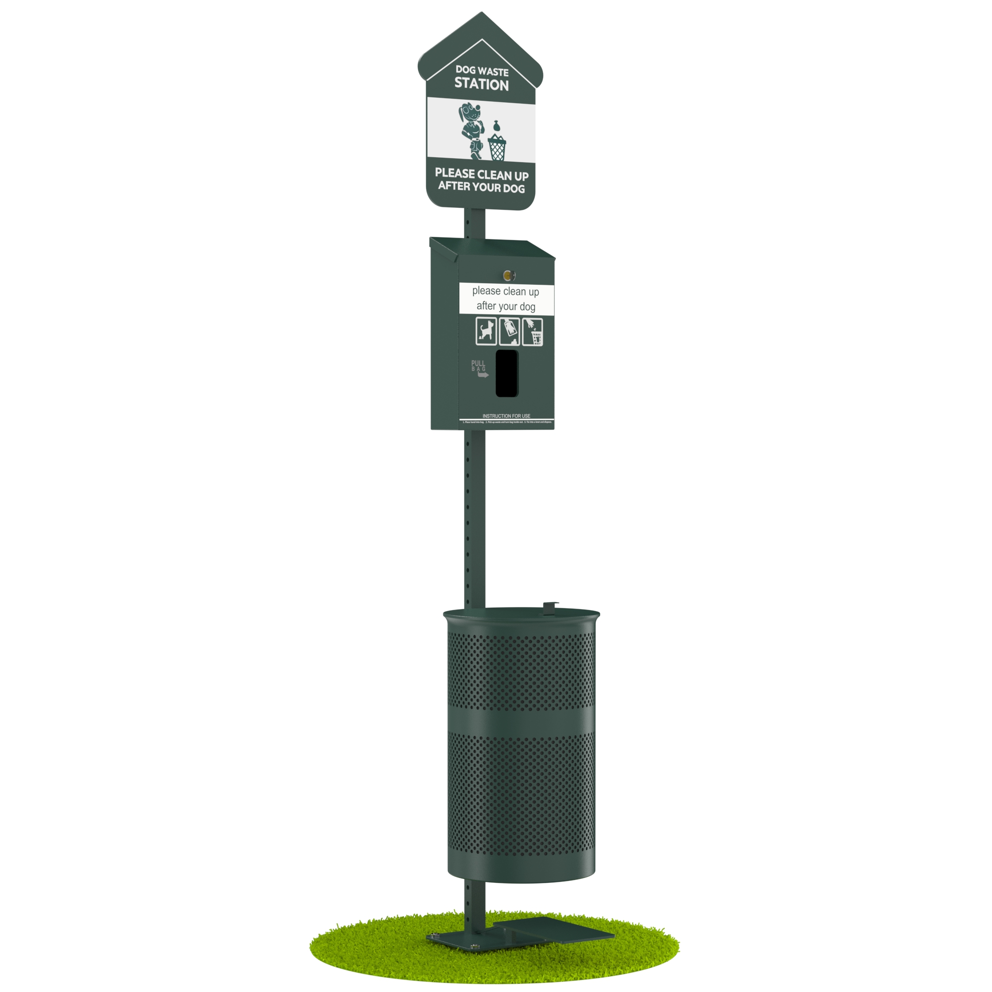 Furloo Pet Waste Station Kit with Foot Pedal, Header Bag Locking Dispenser, 11.5 Gallon Trash Can, Pole, and Glow-in-the-Dark Sign – Green