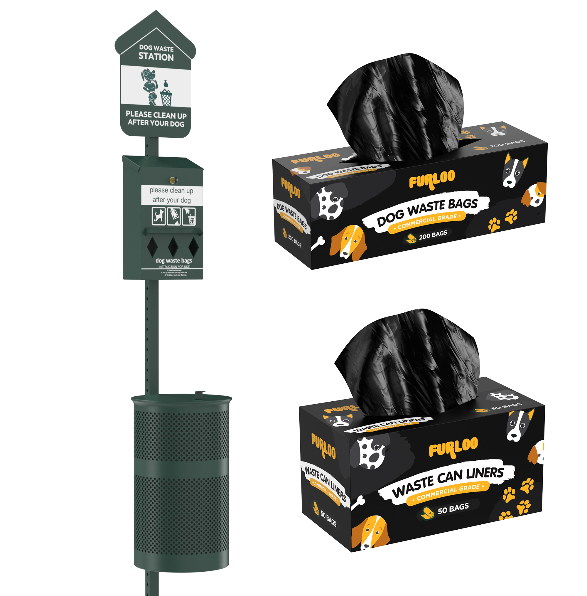 Furloo Pet Waste Station Starter Kit with Roll Bag Dispenser, 2000 Bags & 50 Liners – Green